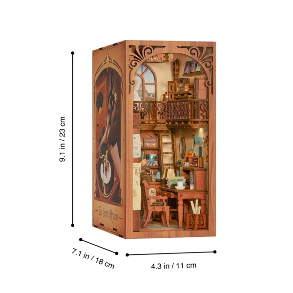 Dimensions of The Secret Rhythm book nook, showing height (9.1 in / 23cm), width (4.3 in/ 11cm), and depth (7.1 in / 18cm) measurements.