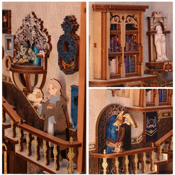 Close-up collage of a young apprentice girl holding a letter, surrounded by her pet owls, magical bookshelves, and mystical wall decor in the Nebula Rest Room.