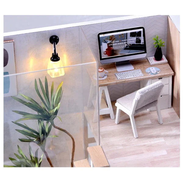 A modern suspended staircase leading to a cozy study corner with a wooden desk, iMac, and a plush chair in the Cozy Time DIY miniature dollhouse loft.