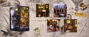 A collage featuring the Pirate Ship Aden Book Nook kit, highlighting detailed views of the captain's cabin, weaponry, steering wheel, and navigation tools, set against a vintage map background.