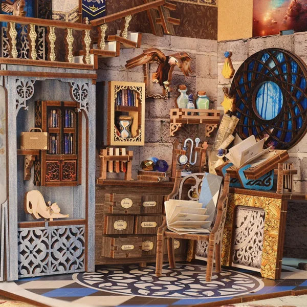 Close-up of the Nebula Rest Room DIY book nook, showcasing detailed elements such as shelves filled with mystical books, a potion cabinet, and magical instruments within a cozy, enchanted room.