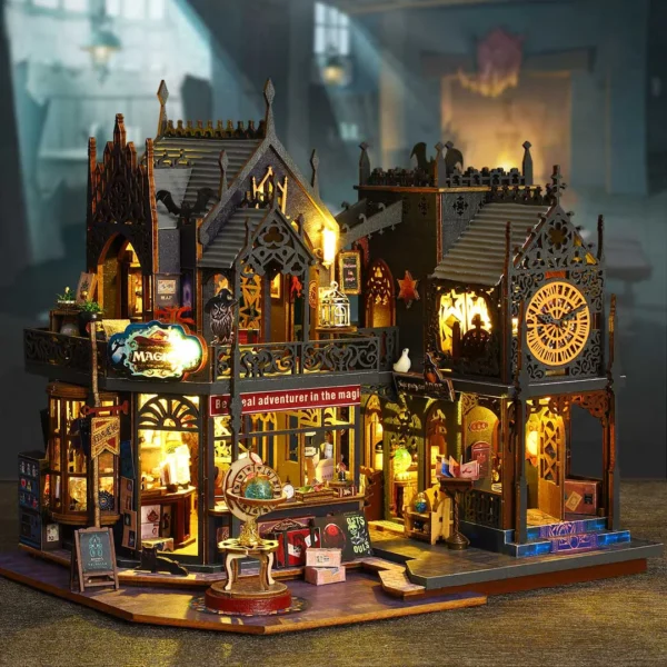 A left-side view of Holo Magic City DIY miniature dollhouse kit, featuring a magical clock tower, a magic shop with glowing windows, and a richly detailed fantasy streetscape.