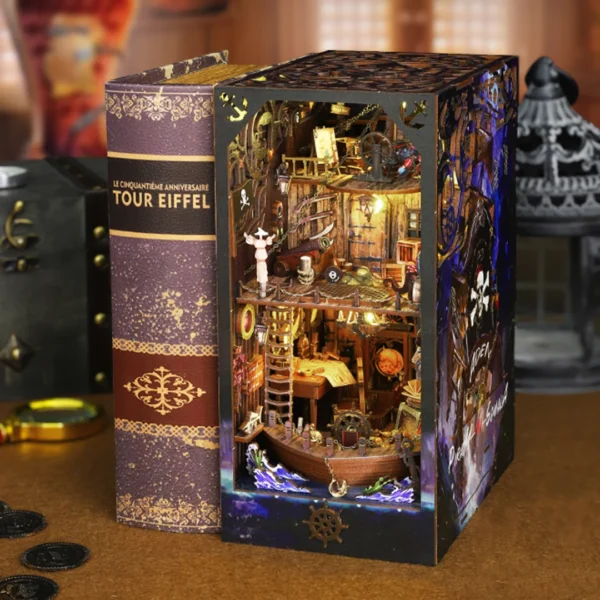 Right-side view of The Pirate Ship Aden DIY Book Nook Kit, featuring intricate details of the ship against a fantasy adventure background.