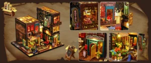 A collage view of the Scarbrough Hotel DIY miniature dollhouse kit, featuring nostalgic overview and exquisite details of the DIY miniature dollhouse.