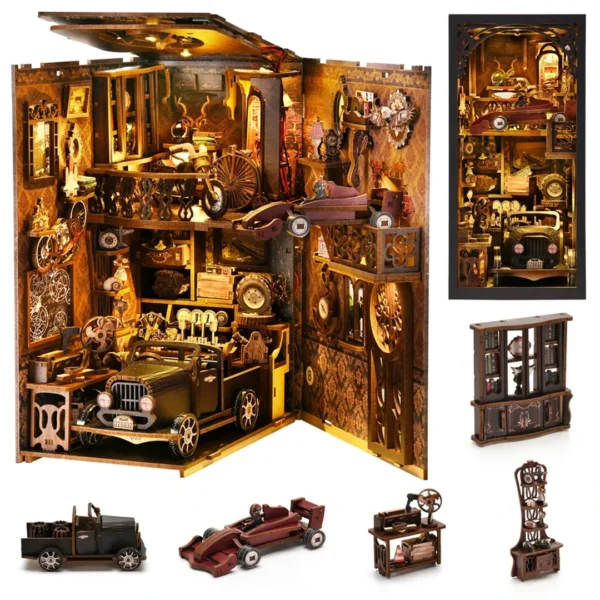 A detailed view of the Car Players DIY Book Nook Kit, featuring a vintage black pickup truck, a red Formula One racing car, a Harley motorcycle, and other retro decor elements inside a collector's private showroom.