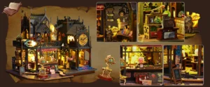 Collage of close-up images from the Holo Magic City DIY miniature dollhouse kit, featuring magical artifacts, potion bottles, a spell book, and intricate decorations.