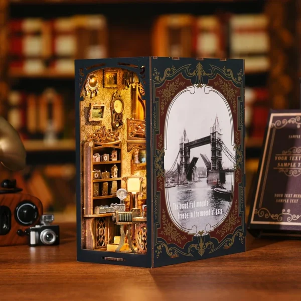 Right-side view of Film Darkroom DIY Book Nook kit with vintage photography elements and a warm study background.