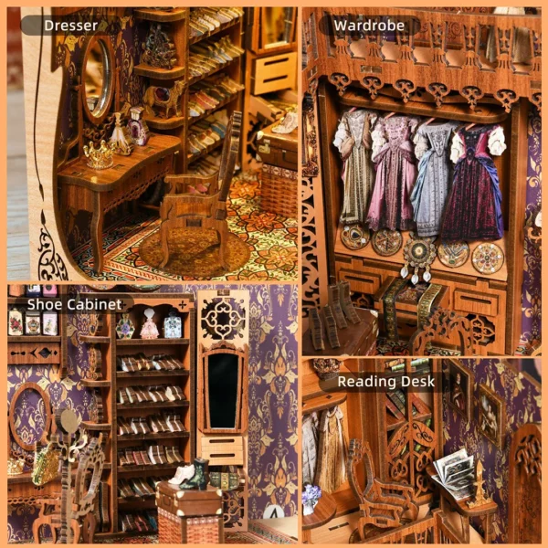 Close-up image of the Duchess's wardrobe featuring the dresser, wardrobe with dresses, shoe cabinet, and reading desk, highlighting intricate details and miniature accessories.