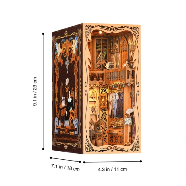 Dimensional illustration of the Gorgeous Wardrobe of Duchess Book Nook, showing its height, width, and depth for perfect fit on a bookshelf.