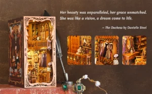 An elegant book nook titled Gorgeous Wardrobe of Duchess, showcasing a detailed miniature aristocratic dressing room with luxurious gowns, exquisite jewelry, and vintage furniture. The background features a quote from The Duchess by Danielle Steel and close-up images of the intricate details.