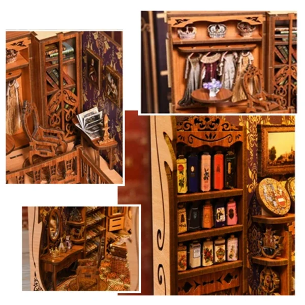 Close-up view of the reading desk, dresser, and jewelry cabinet in the Gorgeous Wardrobe of Duchess book nook, highlighting intricate details and elegant designs.