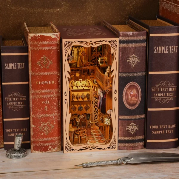 Gorgeous Wardrobe of Duchess book nook placed between vintage books on a bookshelf, highlighting its vintage charm.