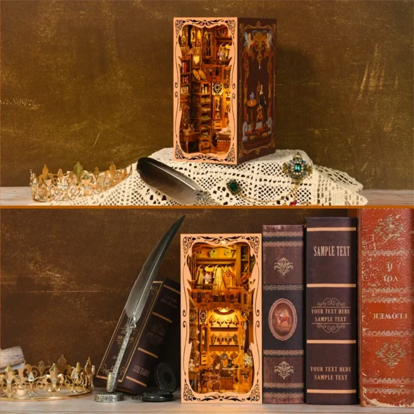 A two-part image showing the Gorgeous Wardrobe of Duchess book nook. The upper part features a right-side view with royal accessories, and the lower part displays a front view with the book nook placed among vintage books on a desk.