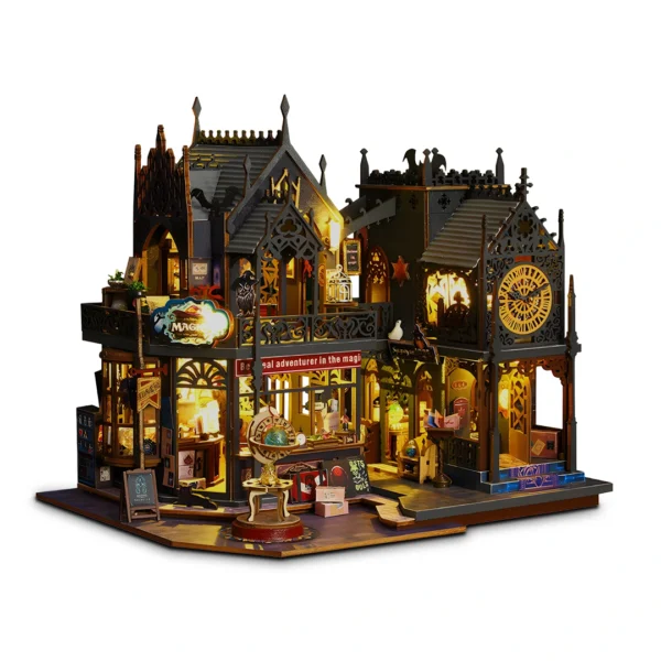 A detailed and illuminated DIY miniature dollhouse kit titled Holo Magic City, showcasing a gothic-style magic shop, clock tower, and intricate architecture with warm, glowing lights.