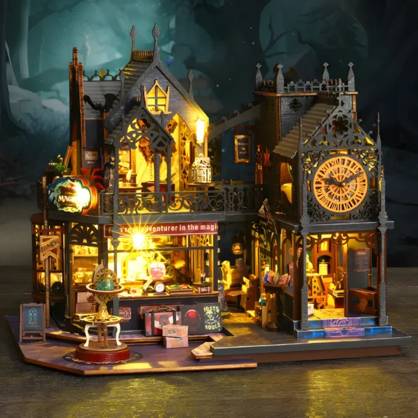 A fantasy-themed miniature dollhouse kit, Holo Magic City, displayed against a dark, arcane forest background, highlighting a magical shop and gothic structures with glowing lights.