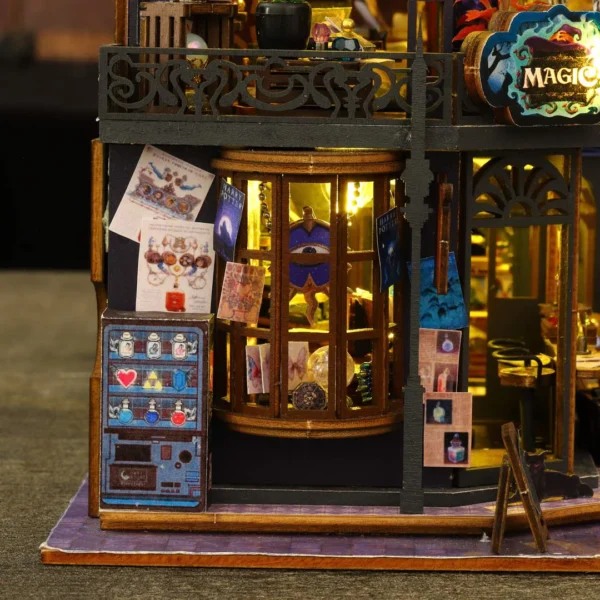 Close-up of the Holo Magic City miniature dollhouse's magic shop window, featuring detailed magical artifacts, glowing interior lights, and hanging posters, showcasing the intricate design and craftsmanship of the fantasy-themed miniature kit.