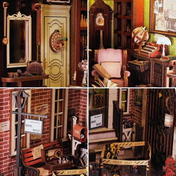 Collage of detailed images from the Rose Detective Agency DIY Book Nook, featuring a detective's hat, clock, investigation scene, and other crime-solving elements.