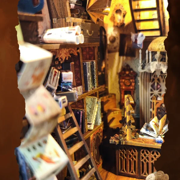 Close-up of a bookshelf filled with vintage magic books, scrolls, and mystical objects, illuminated by warm, ambient lighting in Magic World DIY Book Nook.