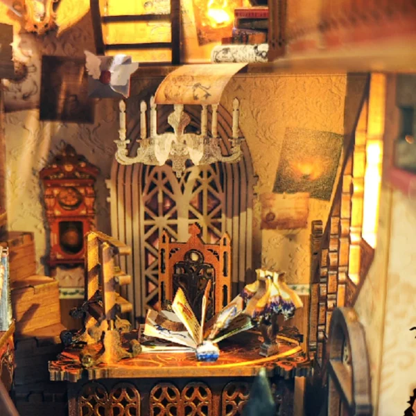 Close-up of the Magic World book nook study scene with vintage books, open spellbook, and warm lighting.