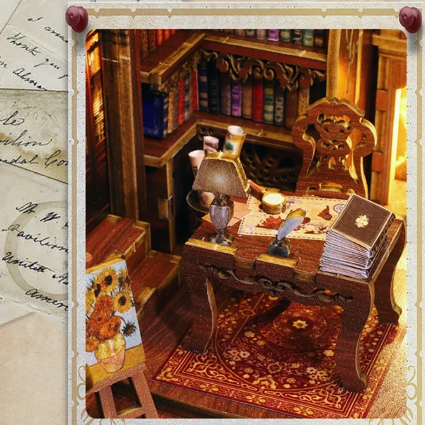 Close-up view of the adorable desk inside the Library of Books Book Nook Kit, showcasing intricate details such as books, a lamp, and a telescope, all bathed in the warm glow of LED lights.