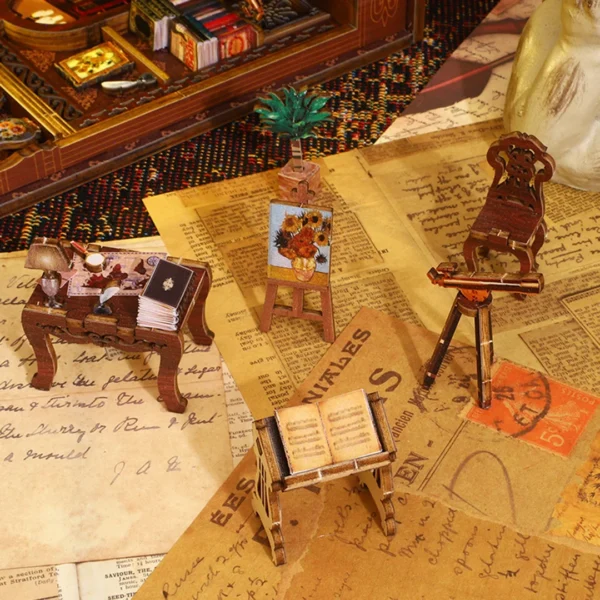 Delicate miniature furniture pieces from the Library of Books Book Nook, including a desk, easel with painting, telescope, plant, and reading stand, set on retro-style papers.