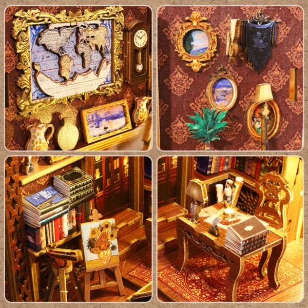 Detailed view of the Library of Books DIY book nook kit in a four-square image, showcasing ornate wall decorations, paintings, bookshelves, and miniature furniture.