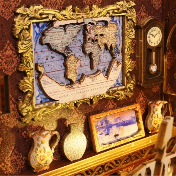 Detailed map and art pieces in the Library of Books book nook kit, adding sophistication to the miniature library.