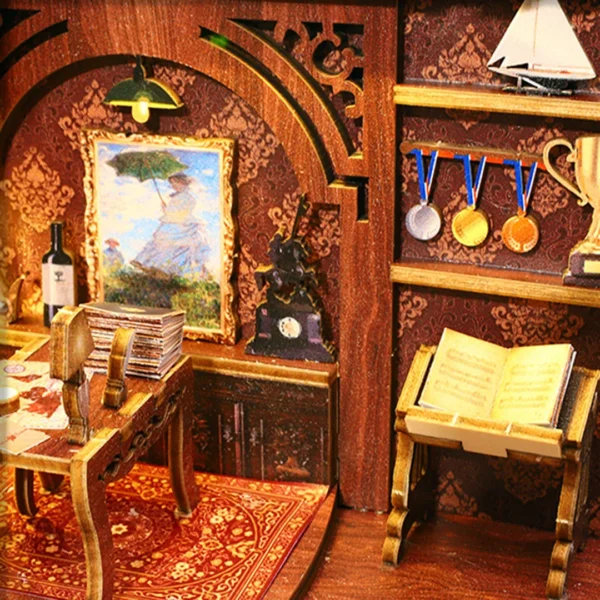 Miniature book nook with intricate details, including books, paintings, a fireplace, an astronomical telescope, and various pieces of detailed furniture, all designed to evoke a warm and nostalgic atmosphere.