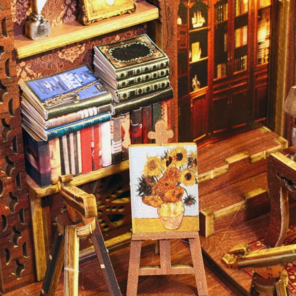 Library of Books DIY Book Nook Shelf Insert displayed on a retro desk, showcasing intricate miniature details including books, a painting of sun flower, and an astronomical telescope.