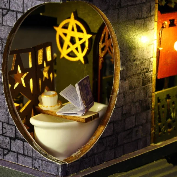 Close-up of a vintage bathtub in a mystical setting with an open book and a teacup, surrounded by star symbols on the wall.