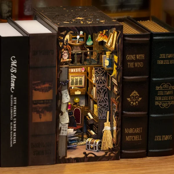 Magic Pharmacist book nook with potion cabinets, magic books, and a black cat, nestled between classic books on a wooden shelf.