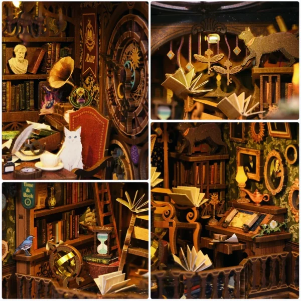 Collage of detailed views of the Magic Time Wonder Library book nook, showing books, clocks, a white cat, and various magical artifacts.