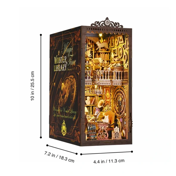 Magic Time Wonder Library book nook dimensions: 10 inches tall, 4.4 inches wide, 7.2 inches deep.