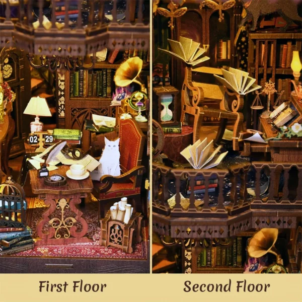 Detailed view of the first and second floors of the Magic Time Wonder Library DIY book nook, featuring clocks, books, scrolls, a cat, phonographs, and various magical elements.