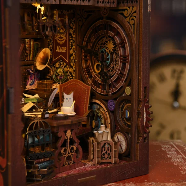 Close-up of the first floor of the Magic Time Wonder Library book nook, featuring clocks of different sizes, the retro furniture, a cute white cat, magic books and scrolls.