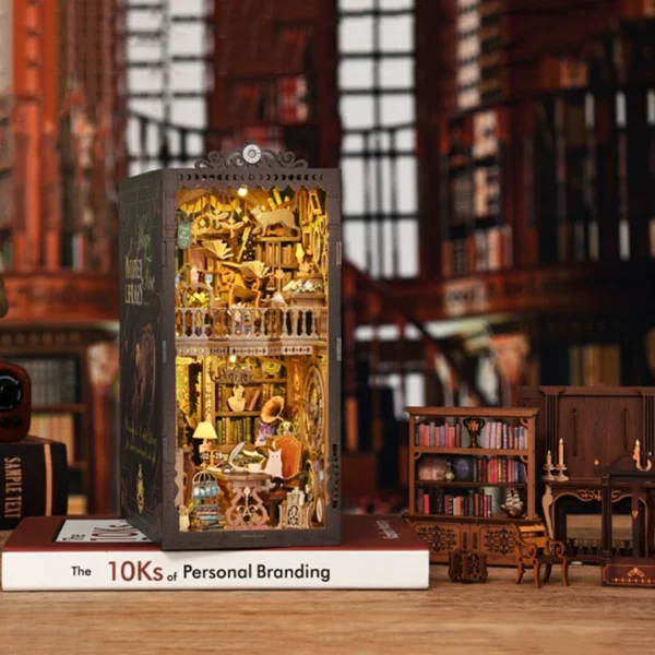 Magic Time Wonder Library DIY book nook displayed with a selection of miniature furniture, showcasing intricate details and a cozy, retro library setting.