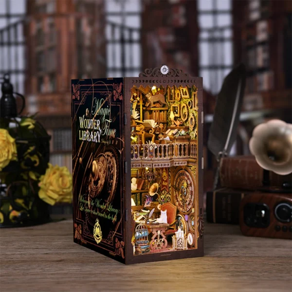 Magic Time Wonder Library book nook in a retro setting, showcasing its detailed elegant design and warm lighting.