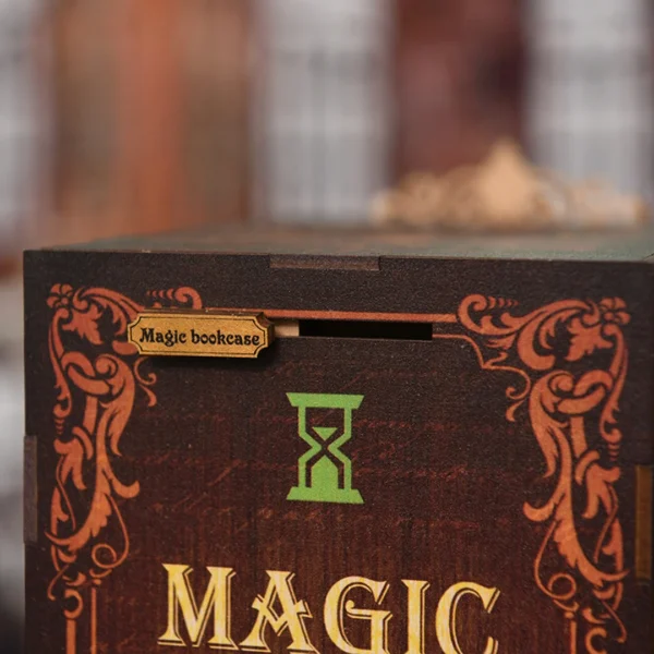 Close-up of Magic Time Wonder Library book nook, showing an interactive "Magic bookcase" label on the back.