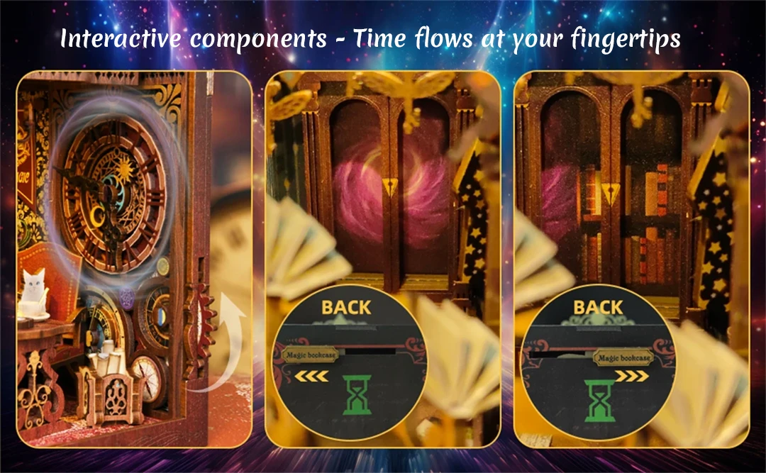 Interactive features of the Time Wonder Library book nook, showcasing turning gears, an opening magic bookcase, and other enchanting elements.