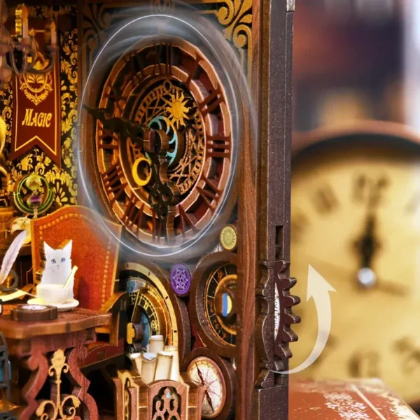 Close-up of the functional clock in the Magic Time Wonder Library book nook, highlighting its intricate design and interactive feature.