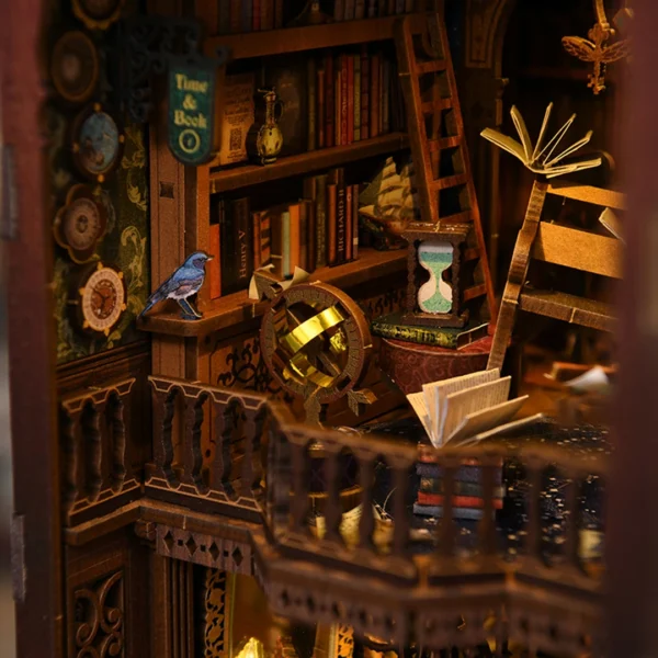 Close-up of the second floor of Magic Time Wonder Library book nook, featuring a bookshelf, a blue bird, an hourglass, and other intricate details.