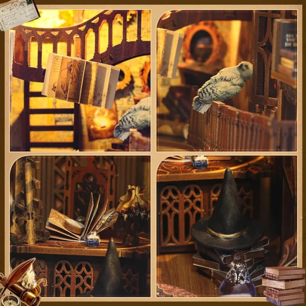 Collage of close-up views from the Magic World DIY Book Nook, featuring a harpsichord, wizard hat, floating spellbook, and a white owl in a magical workshop setting.