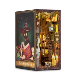 Magic Pharmacist - A detailed DIY book nook kit featuring a two-story scene filled with magical and alchemical elements like a black cat, potions, magic books, and a potion cabinet.