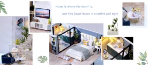 Collage showcasing the Cozy Time Loft miniature dollhouse, featuring the dining space, bedroom, and bathroom with modern, stylish, and cozy details.