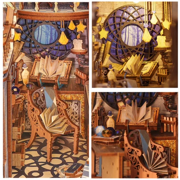 Close-up of the first-floor workshop in the Nebula Rest Room book nook, featuring a magic organ, a study desk with books, and various magical items, creating a warm and enchanting atmosphere.