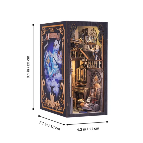 Image displaying the dimensions of the Nebula Rest Room DIY Book Nook Kit, with measurements of 9.1 inches in height, 7.1 inches in length, and 4.3 inches in width.