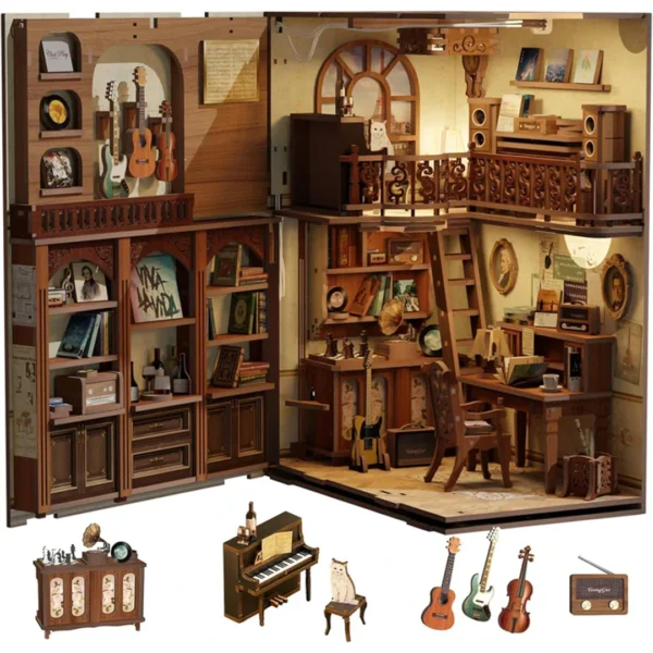 Open view of The Secret Rhythm book nook kit featuring detailed miniatures including guitars, a piano, vinyl records, bookcases, and retro furnishings.