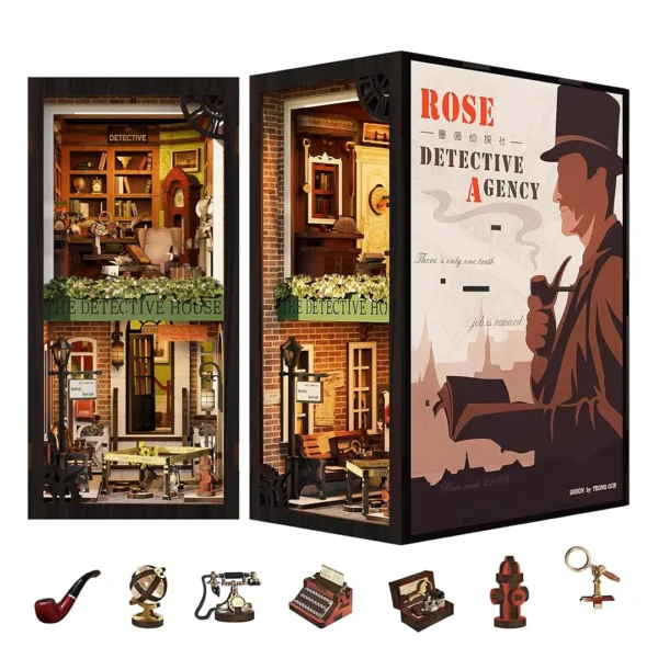 Rose Detective Agency Book Nook Kit showcasing a two-story detective office with miniature dioramas of investigative tools displayed at the bottom.