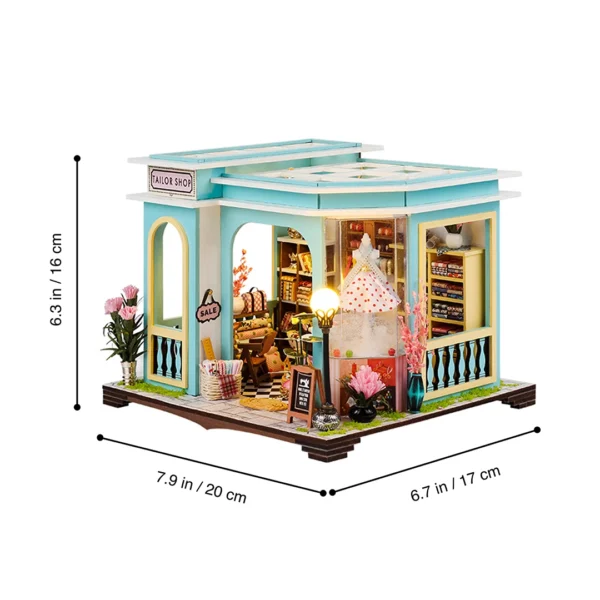 Tailor Shop DIY miniature dollhouse kit with dimensions 7.9 inches in length, 6.7 inches in width, and 6.3 inches in height.