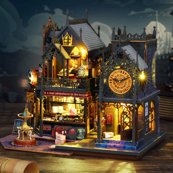 Right-side view of the Holo Magic City DIY miniature dollhouse kit under a fantasy-style background, featuring a magic shop, clock tower, and glowing lights.